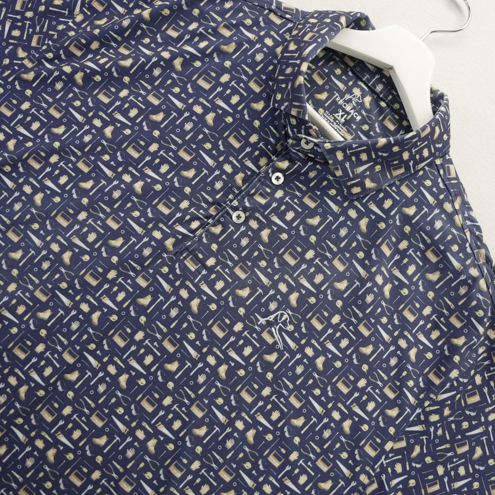 Rhoback Mens XL Performance Polo Shirt Navy Blue Tool Print Handyman Allover